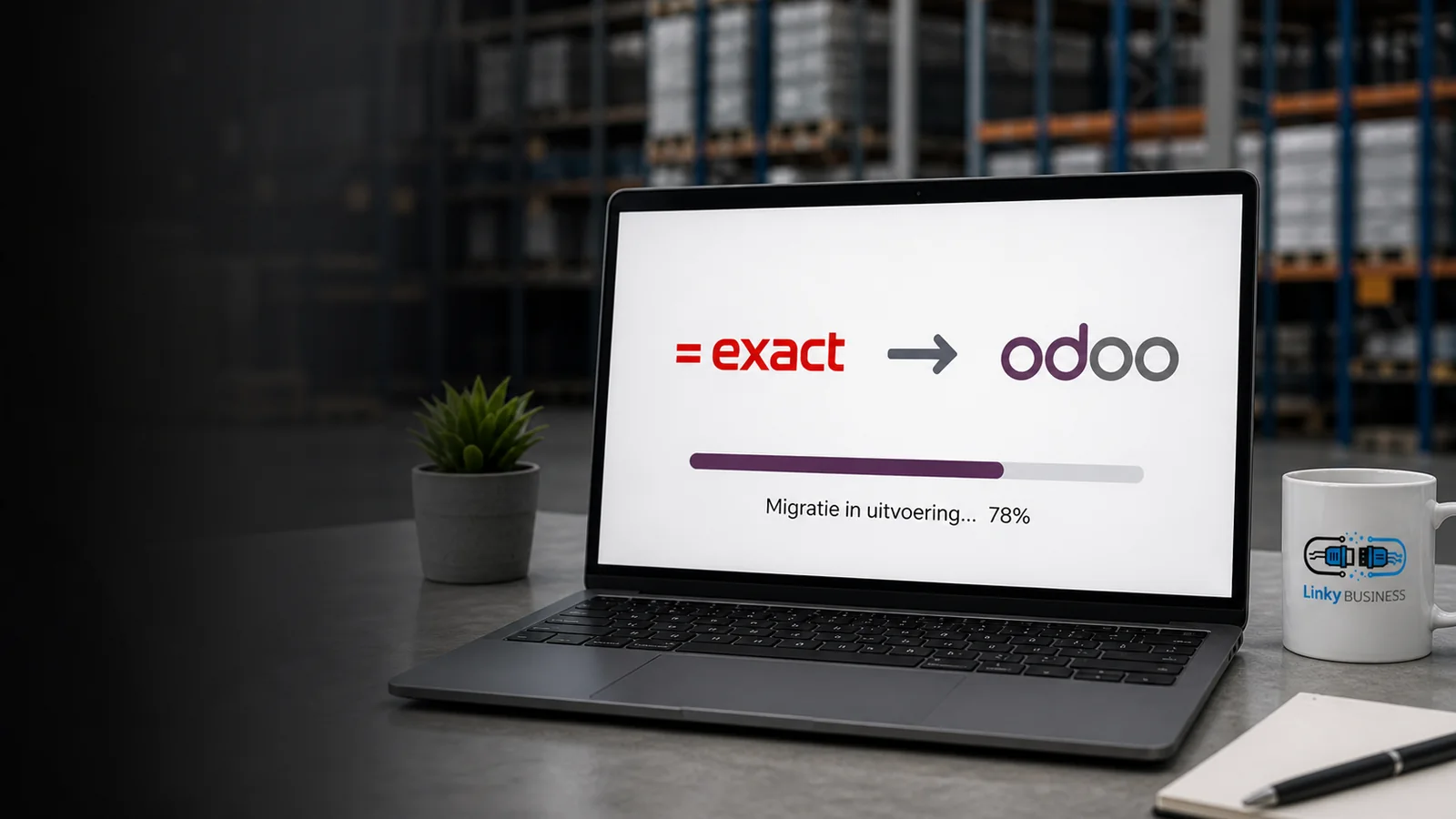 Exact Online to Odoo migration progress on a laptop