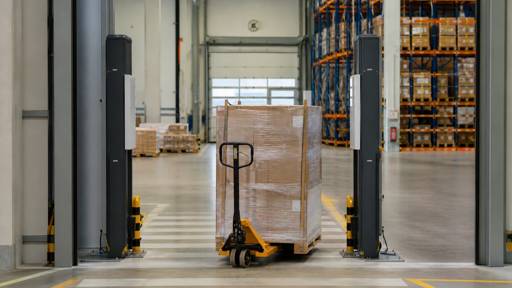 Pallet passing through a fixed UHF RFID portal in a warehouse